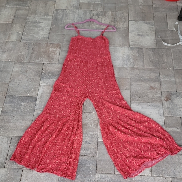 Timing Pants - Timing Red Flare-Leg Jumpsuit Smocked Bodice Adjustable Straps Sz L
